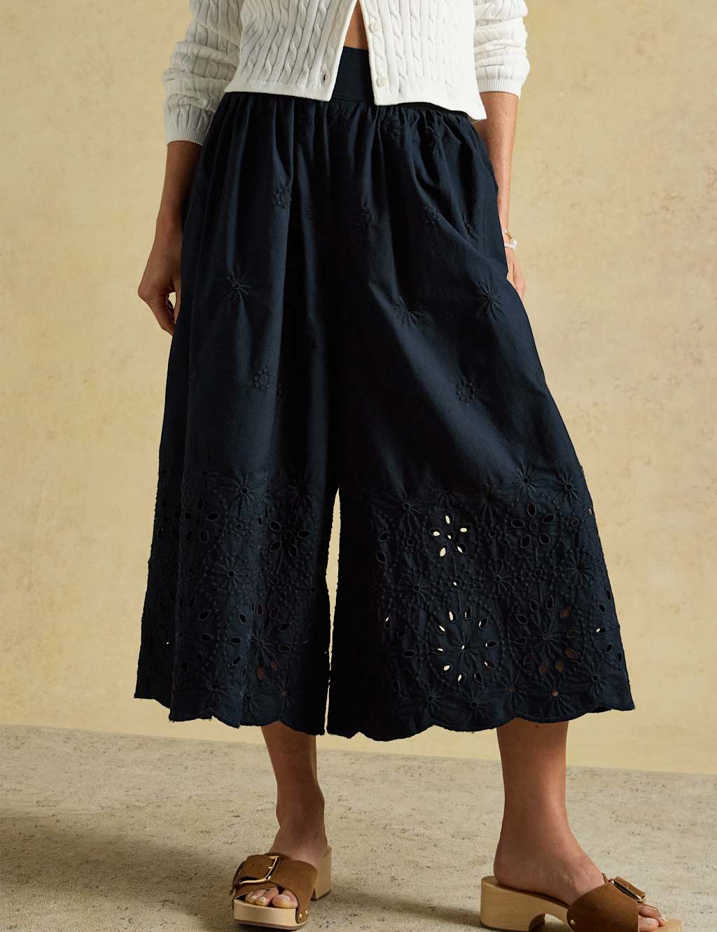 Joules Women's Pure Cotton Broderie Wide Leg Trousers - 8 - Navy - Available at M&S
