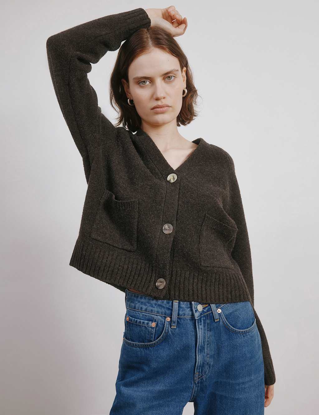 Albaray V-Neck Button Front Relaxed Cardigan Brown