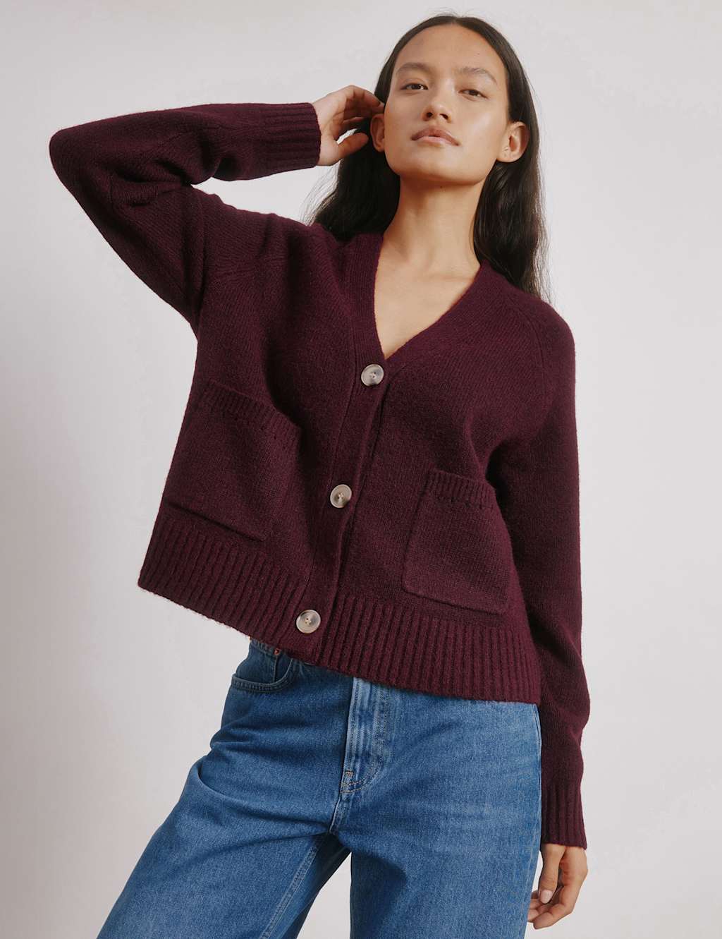 Albaray V-Neck Button Front Relaxed Cardigan Burgundy