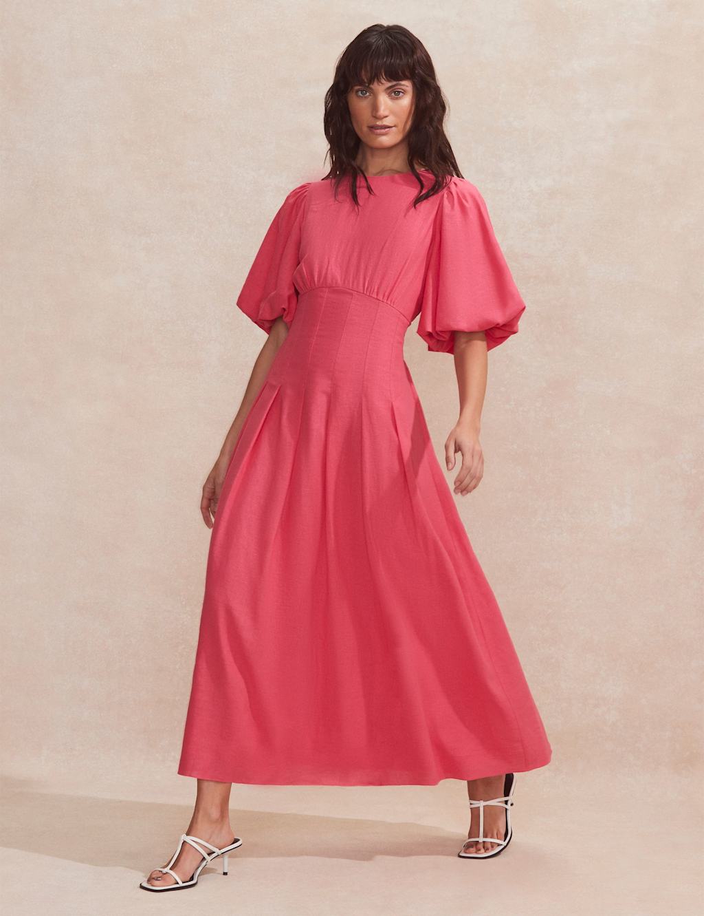 Linen Rich Pleated Midaxi Waisted Dress