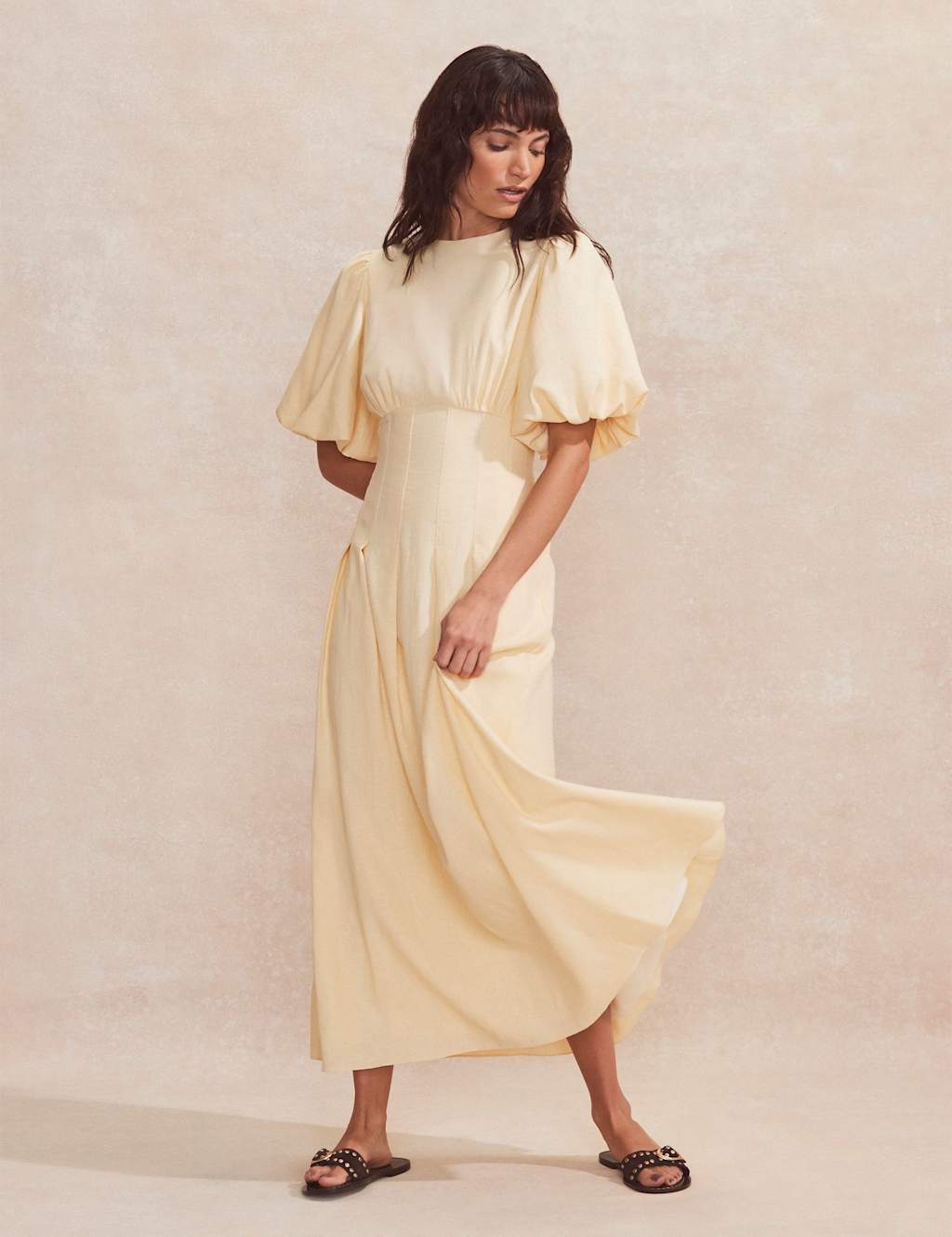 Linen Rich Pleated Midaxi Waisted Dress