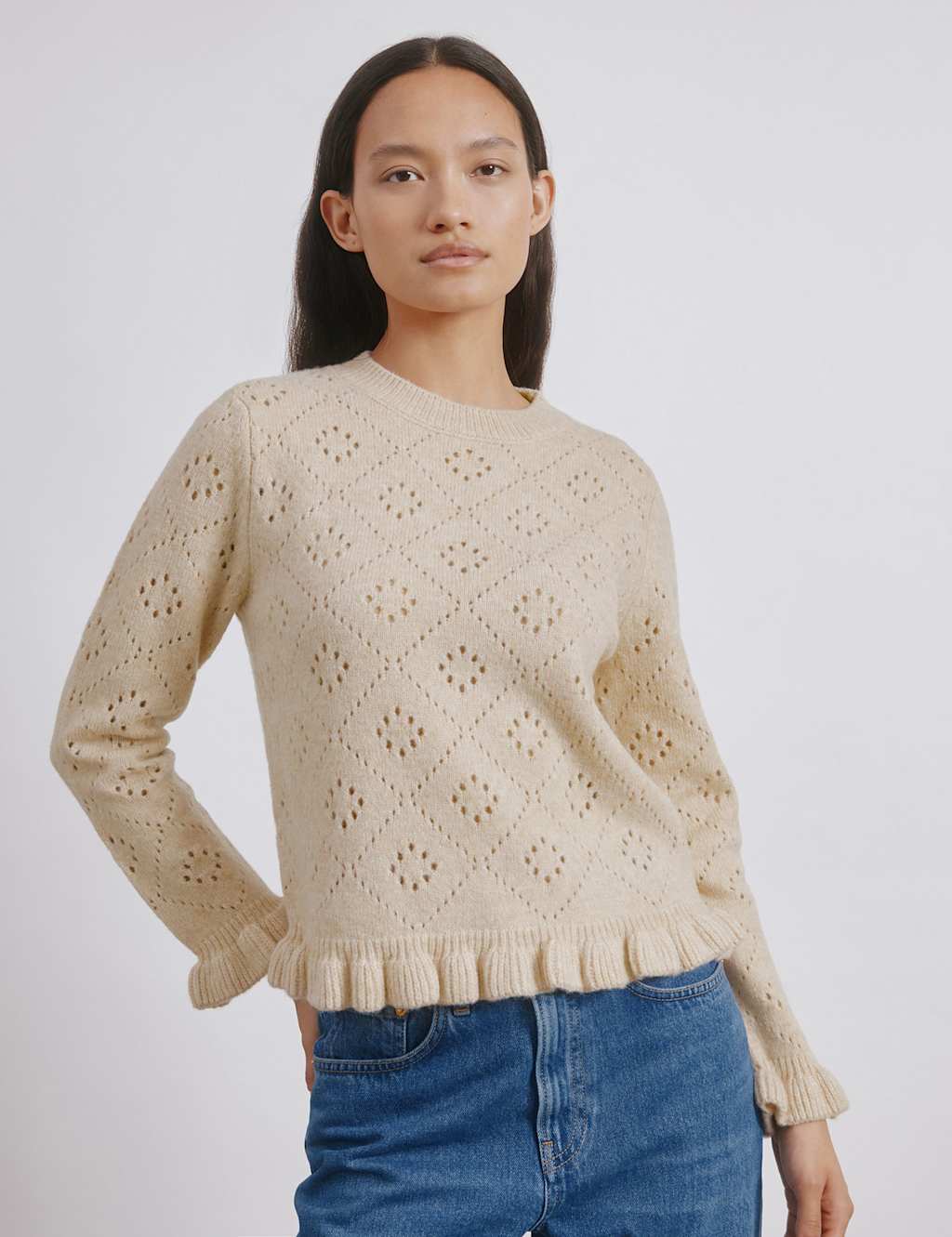 Albaray Wool Blend Pointelle Ruffle Jumper Cream