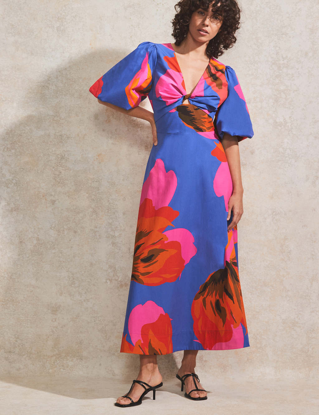 Pure Cotton Floral V-Neck Midaxi Swing Dress