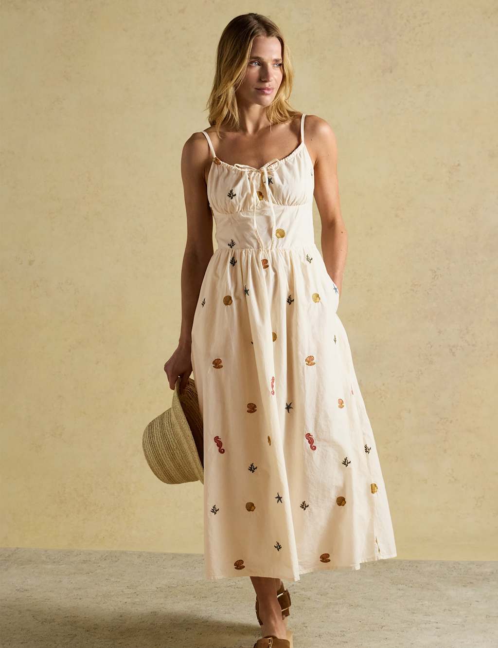 Joules Women's Pure Cotton Embroidered Midi Skater Dress - 18 - Cream Mix - Available at M&S