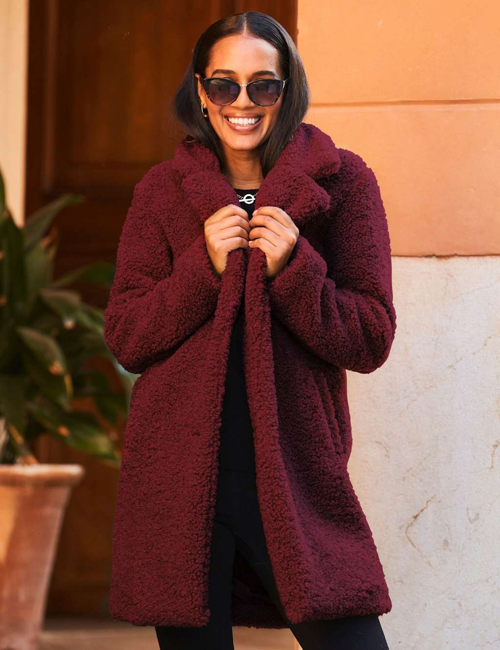 SOSANDAR Borg Coat Burgundy