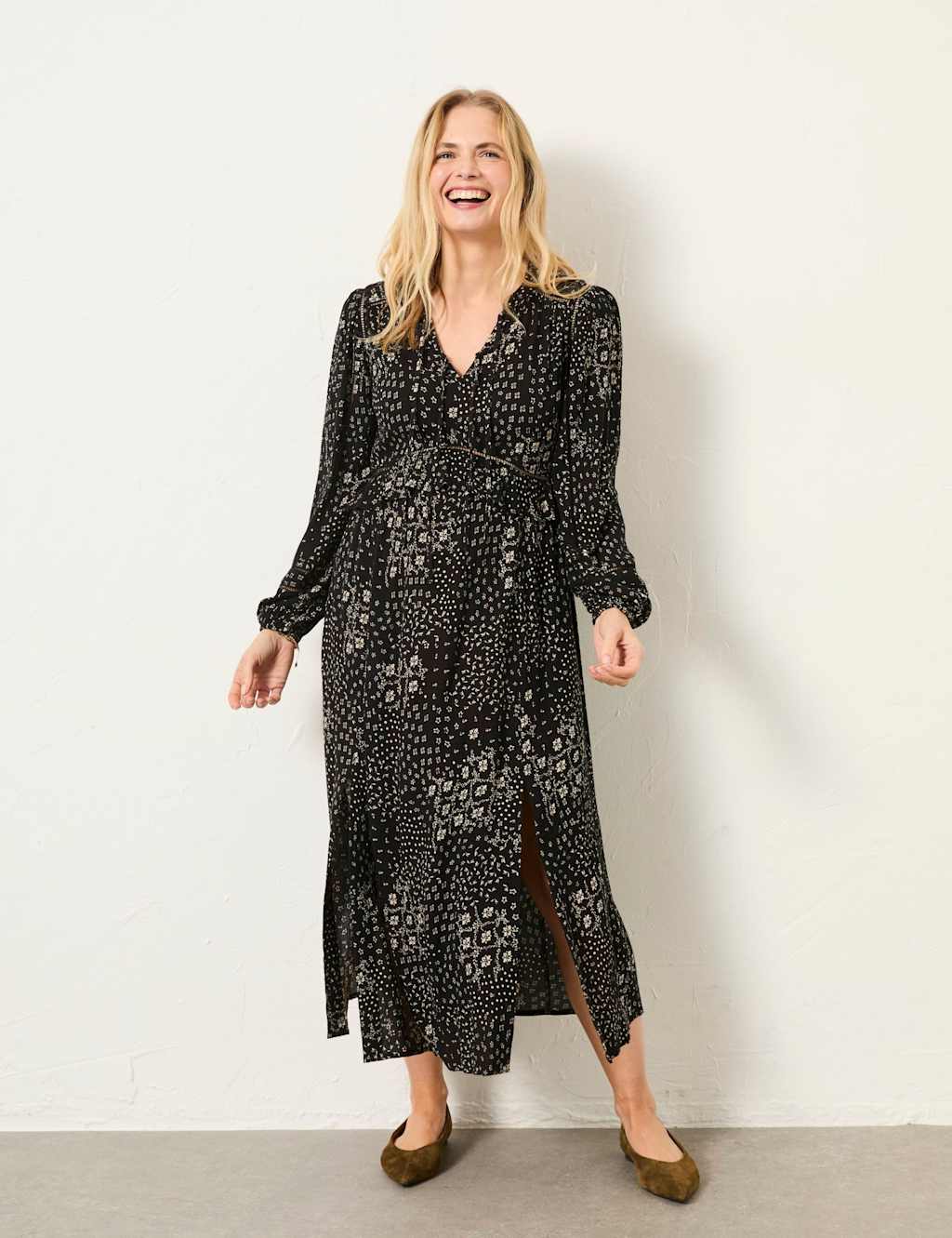 Fatface Women's Floral Tie Neck Midi Skater Dress - 24 - Black Mix - Available at M&S