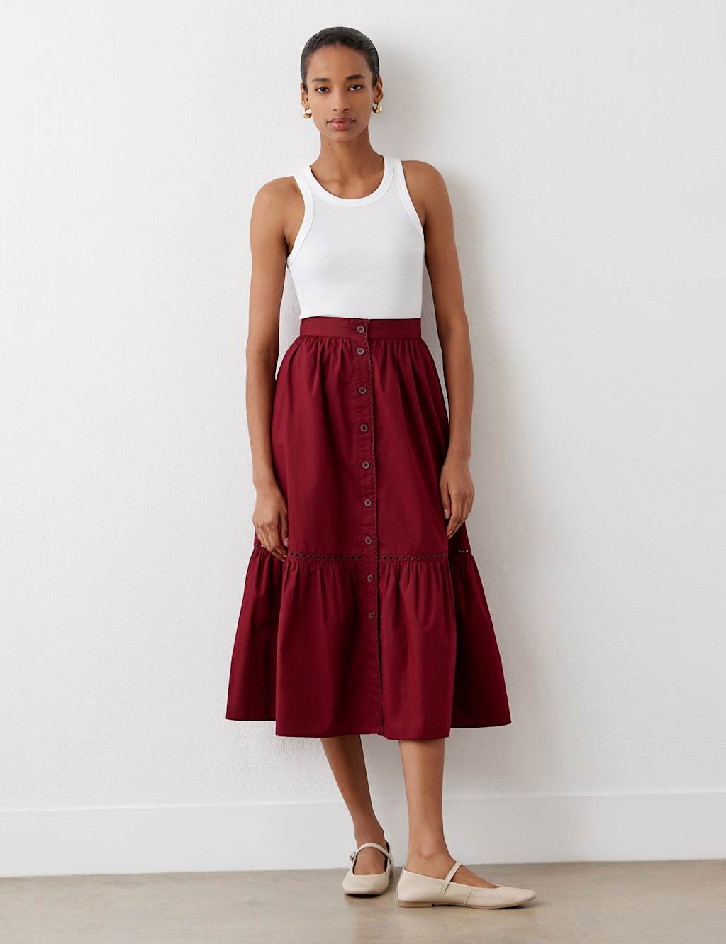 Finery London Women's Pure Cotton Midi Tiered Skirt - 18 - Burgundy - Available at M&S
