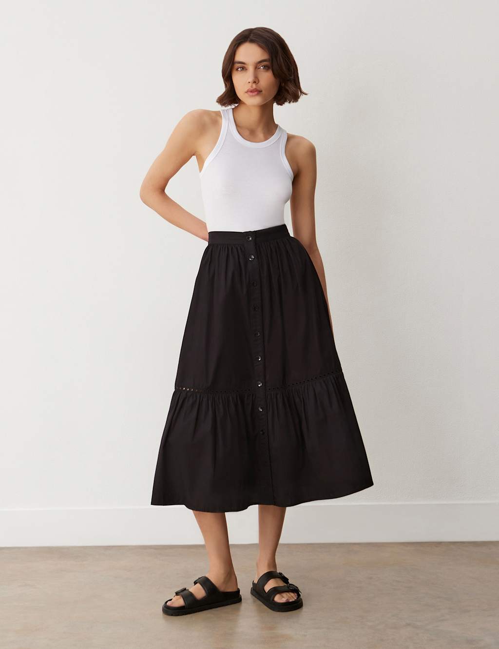 Finery London Women's Pure Cotton Midi Tiered Skirt - 16 - Black - Available at M&S