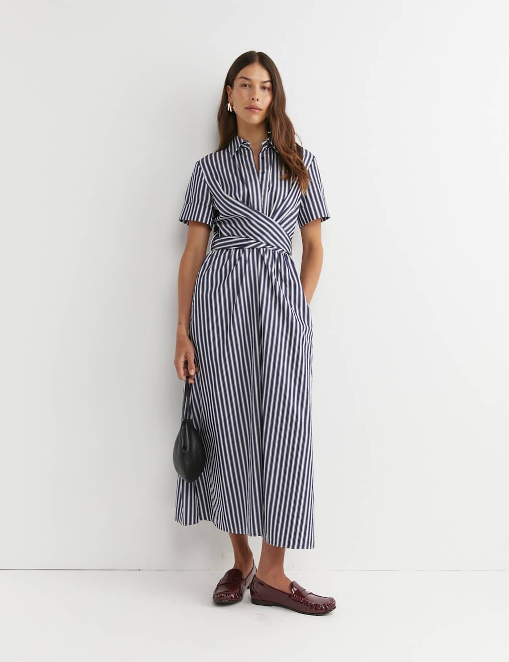 Sportscraft Pure Cotton Striped Twist Maxi Shirt Dress Navy Mix