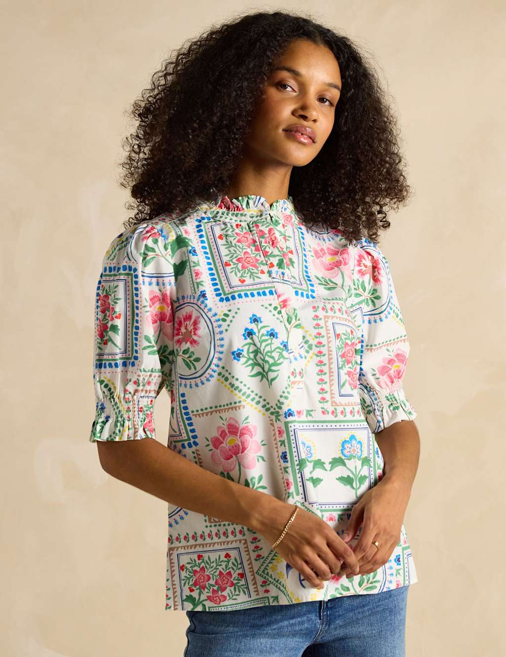 Pure Cotton Floral Frill Neck Puff Sleeve Blouse