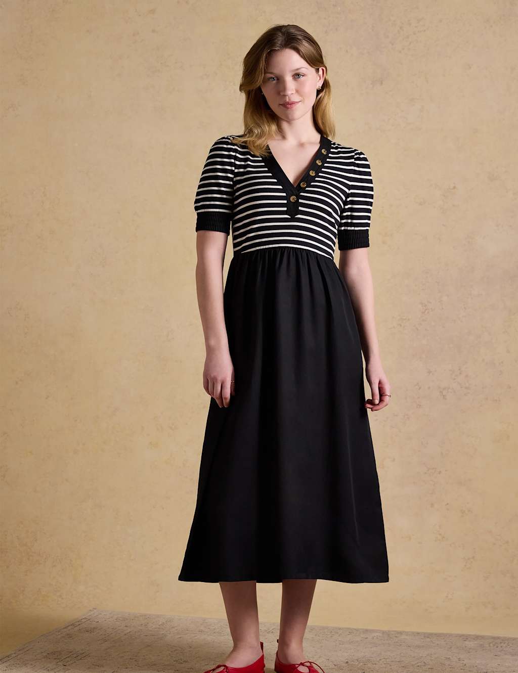 Joules Women's Jersey Striped V-Neck Midi Waisted Dress - 12 - Black Mix - Available at M&S