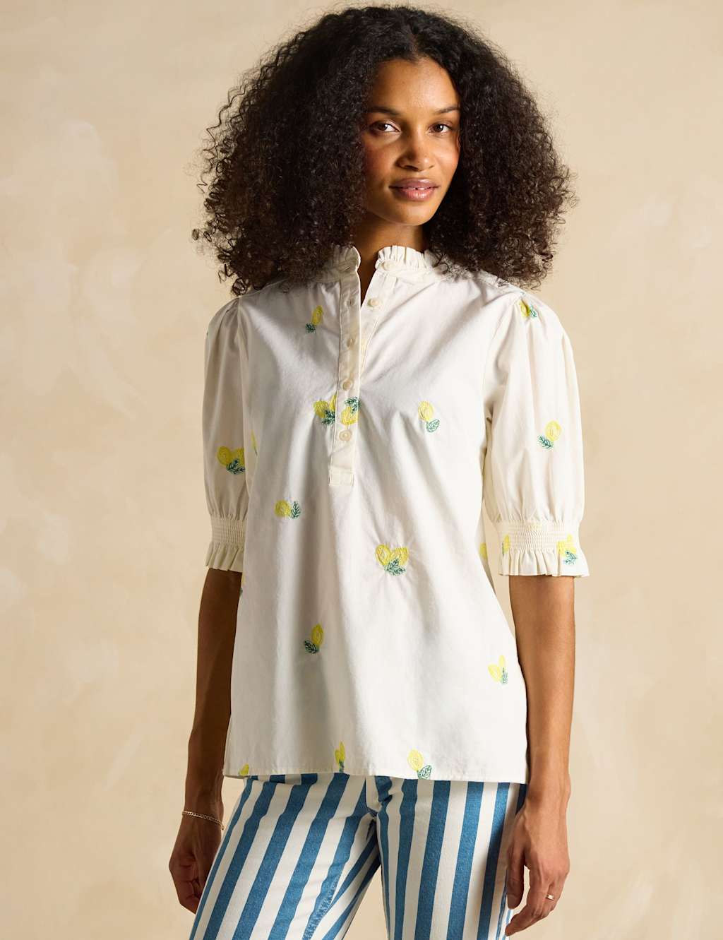 Pure Cotton Embroidered Puff Sleeve Blouse
