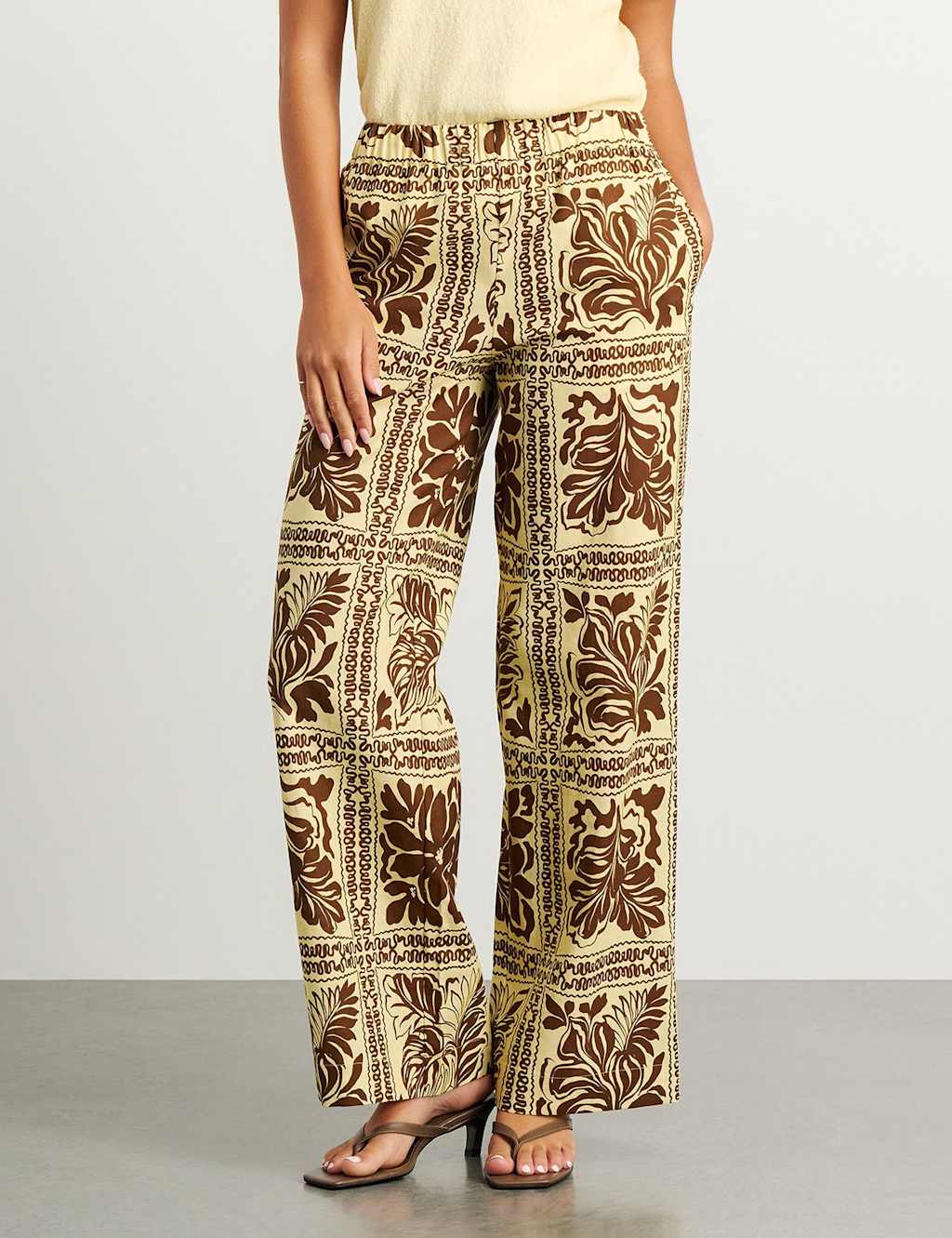 Jag Linen Rich Printed Wide Leg Trousers Brown Mix