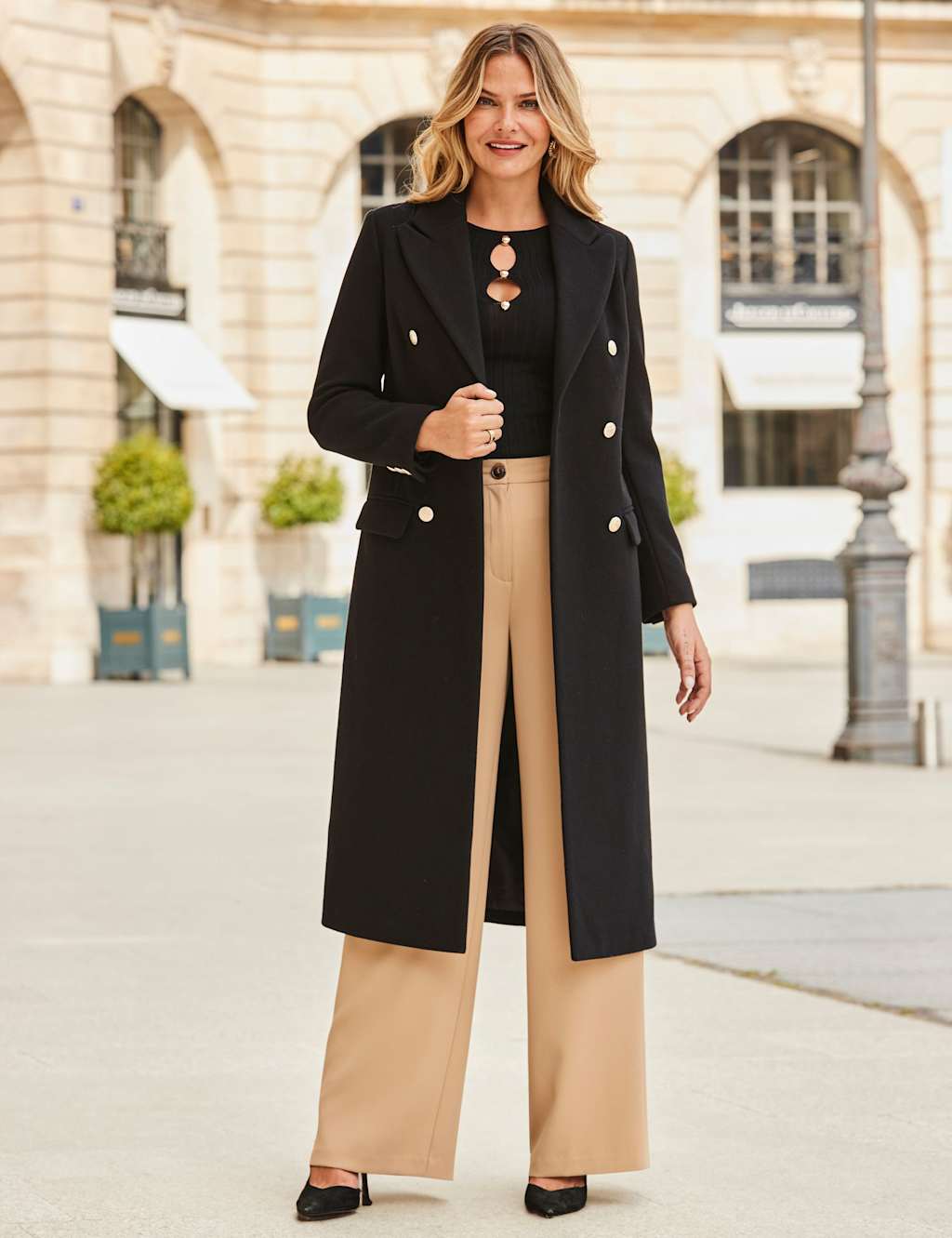 SOSANDAR Double Breasted Longline Coat Black