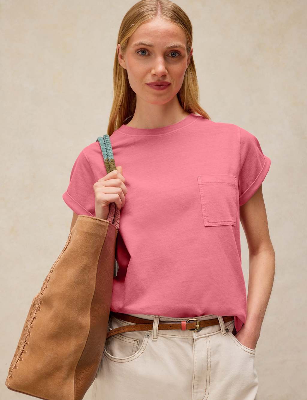 White Stuff Women's Pure Cotton Crew Neck Chest Pocket T-Shirt - 8 - Pink - Available at M&S