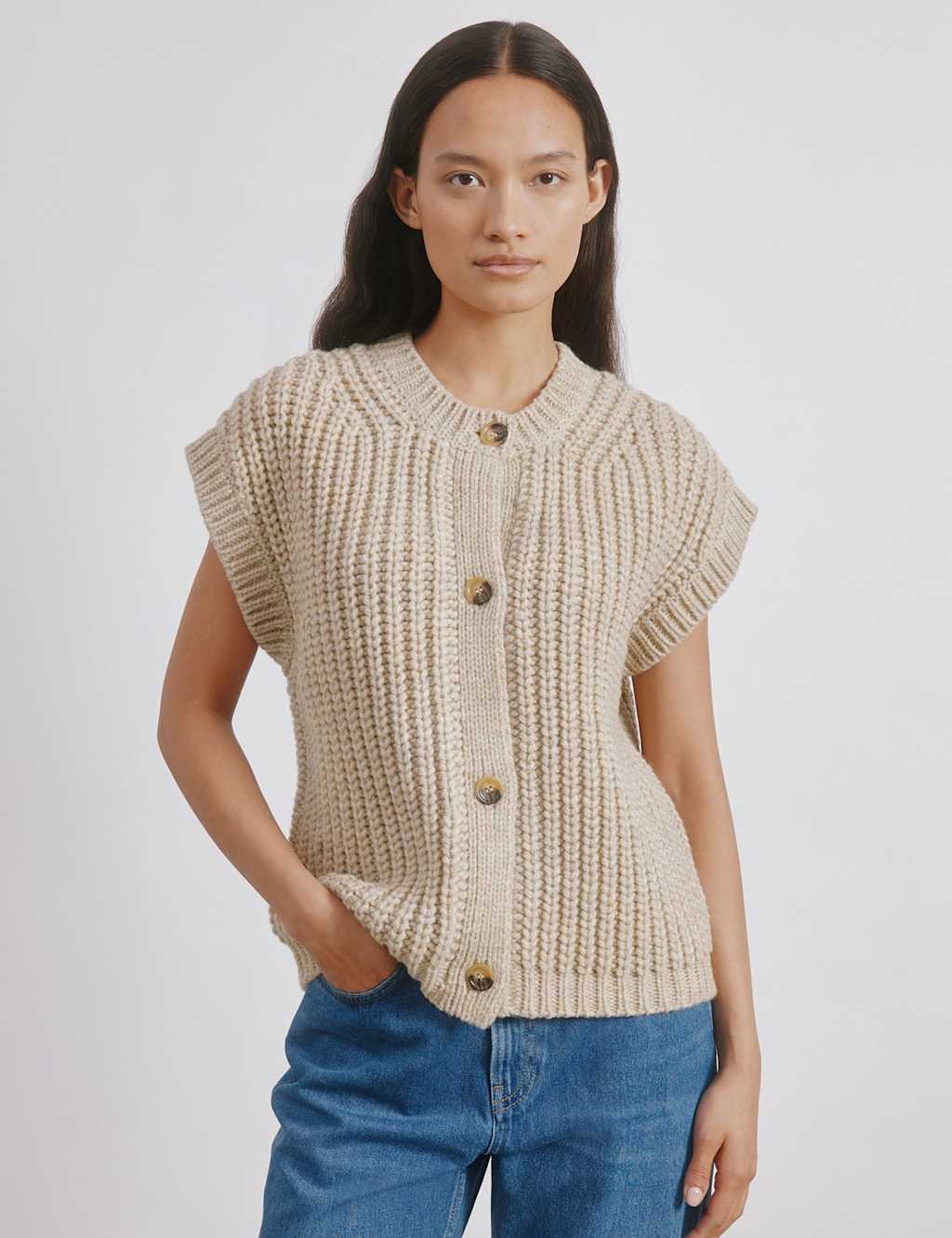 Albaray Wool Blend Button Front Knitted Waistcoat Beige