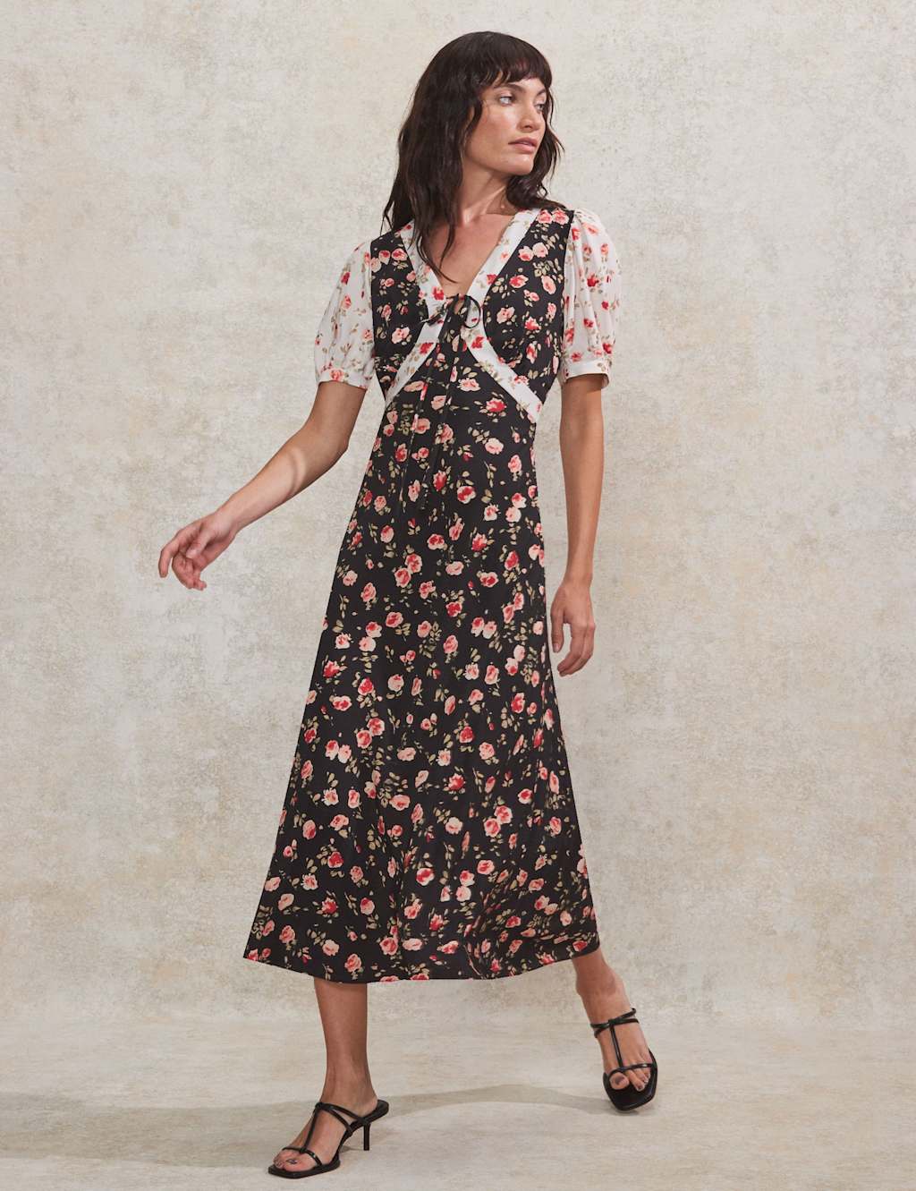 Ditsy Floral Tie Neck Midi Tea Dress