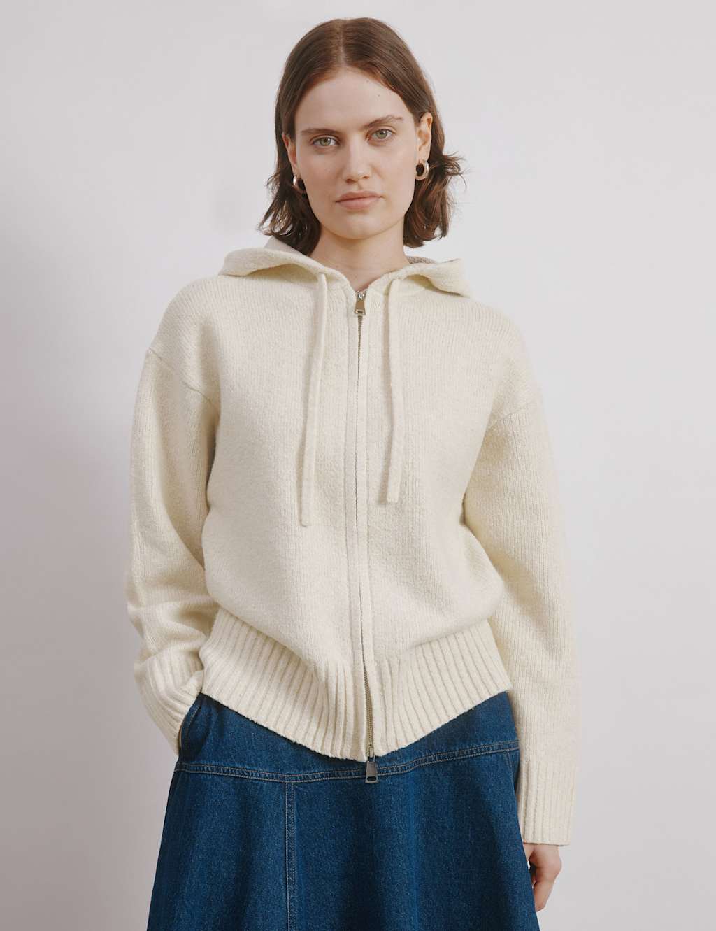 Albaray Textured Zip Up Knitted Hoodie with Wool Cream