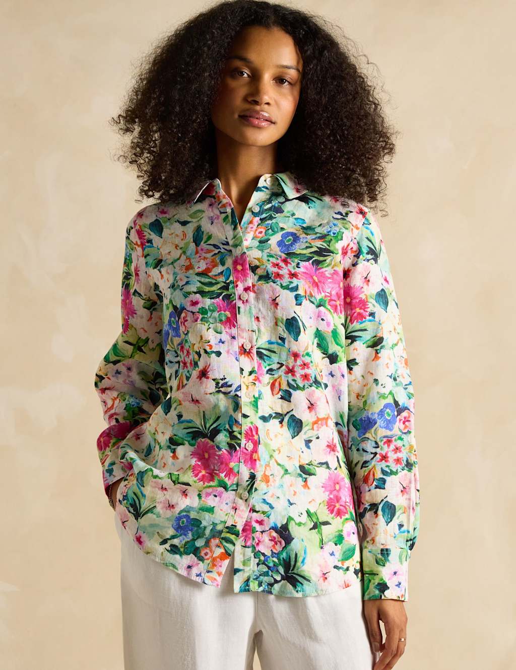 Pure Linen Floral Collared Shirt