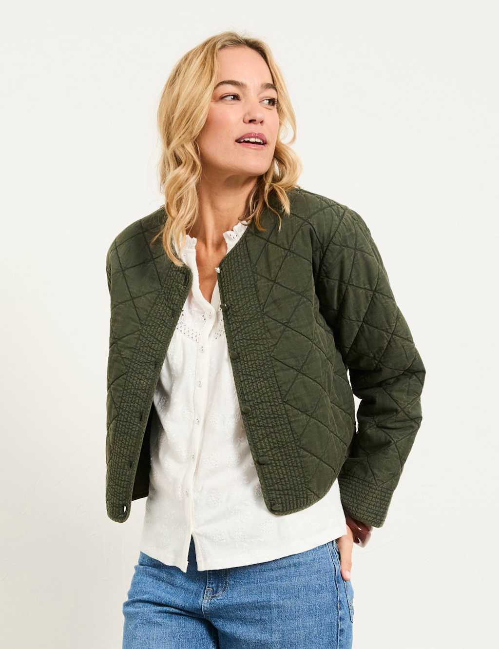 Fatface Women's Pure Cotton Floral Quilted Jacket - 8 - Khaki - Available at M&S