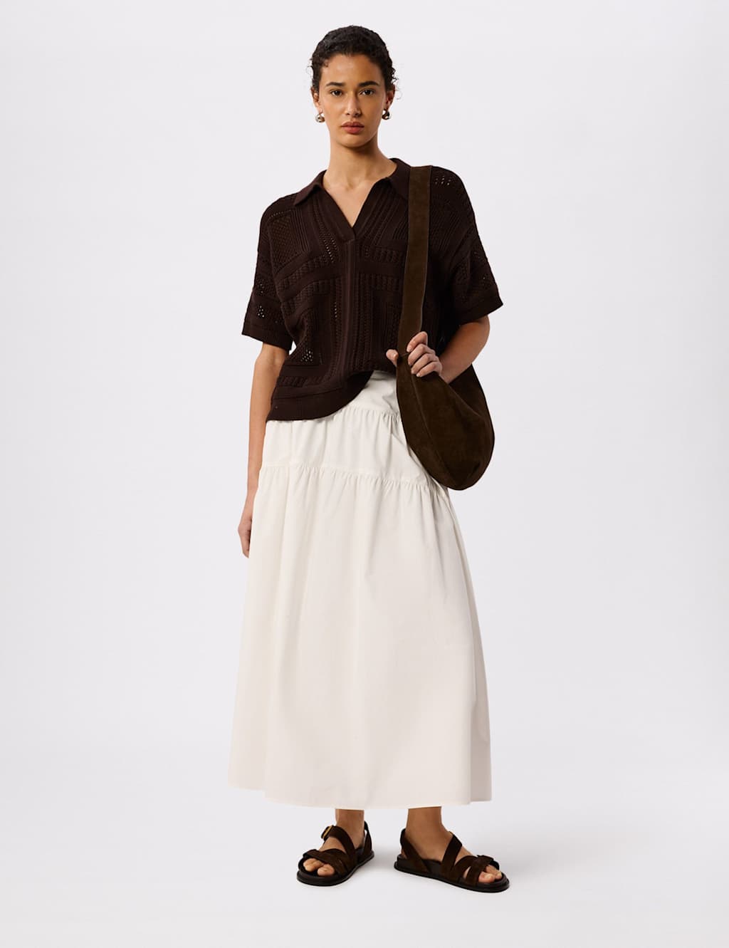 Whistles Women's Pure Cotton Open Knit Polo Top - Small - Chocolate - Available at M&S