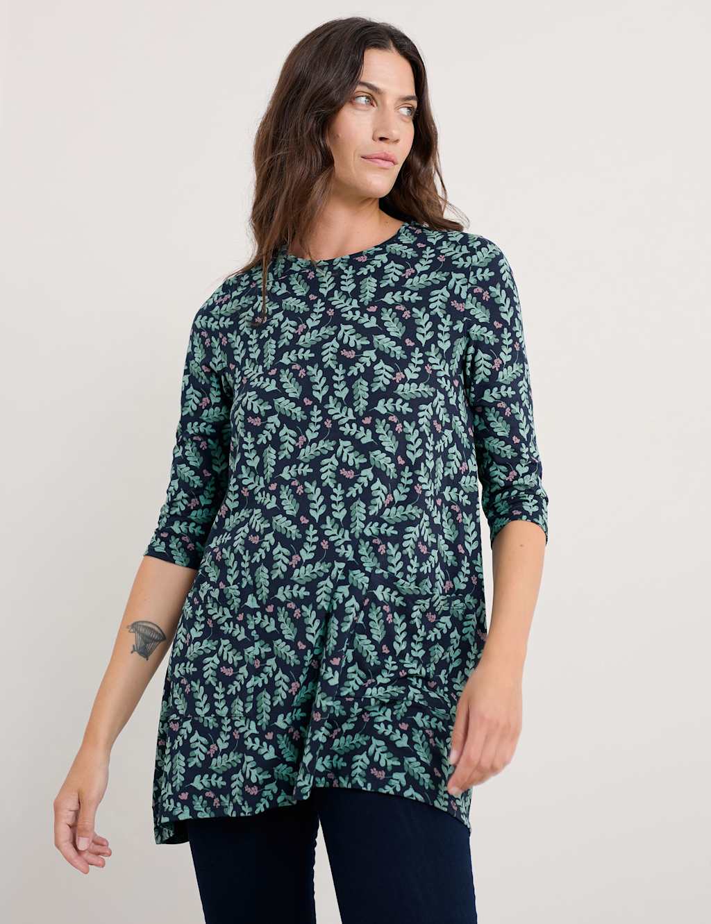 Seasalt Cornwall Cotton Blend Jersey Floral Longline Tunic Navy Mix