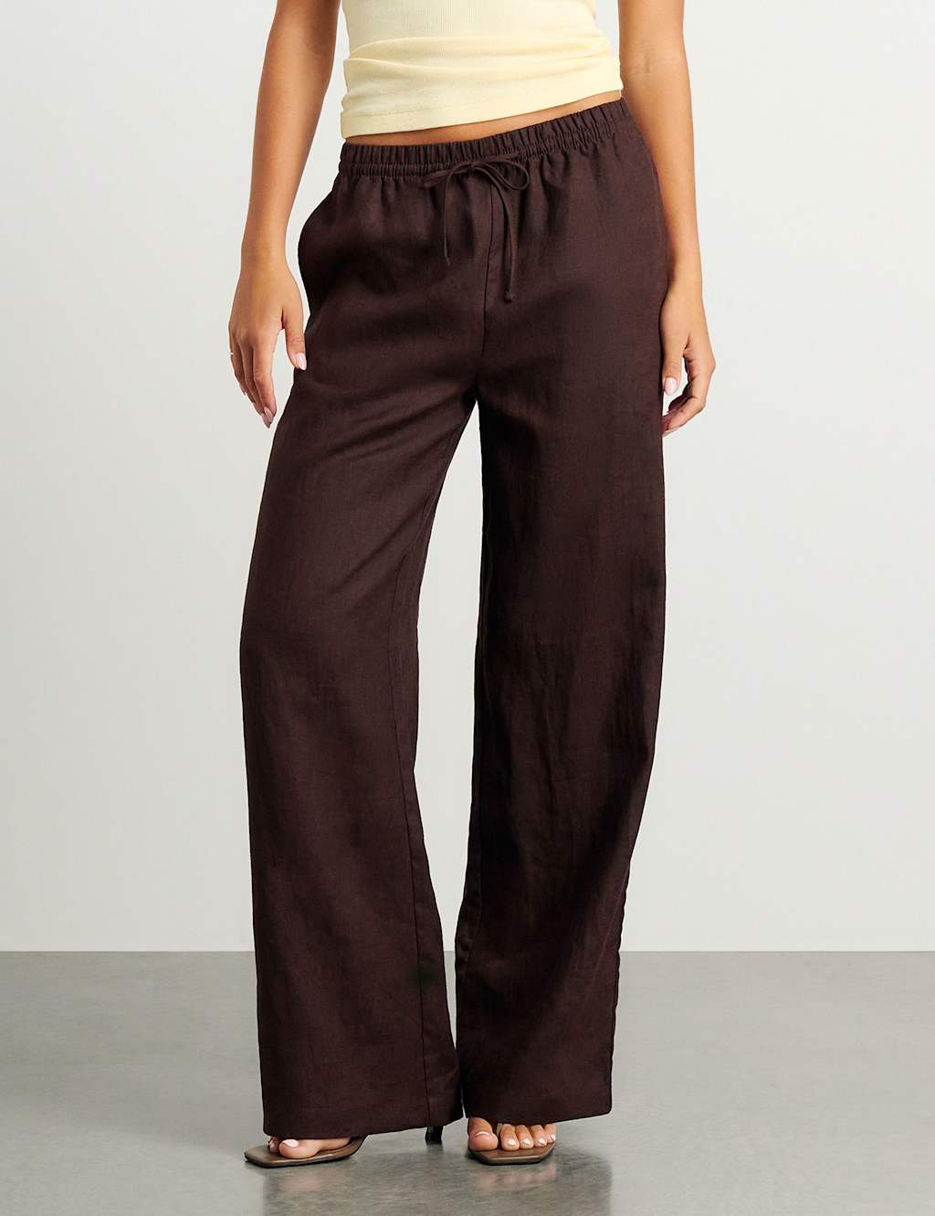 Jag Pure Linen Drawstring Wide Leg Trousers Chocolate