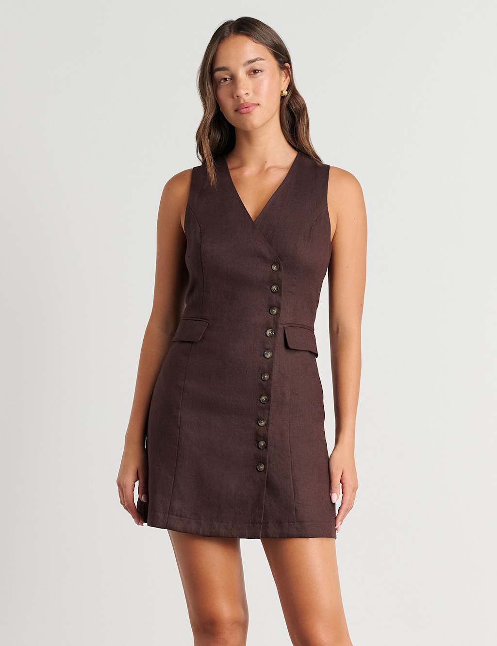 Jag Pure Linen Button Front Mini Shift Dress Chocolate