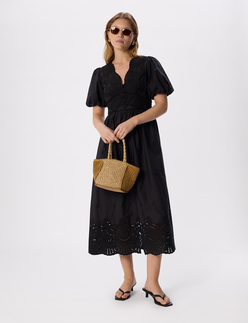 Whistles Women's Pure Cotton Broderie Midaxi Waisted Dress - 10 - Black - Available at M&S