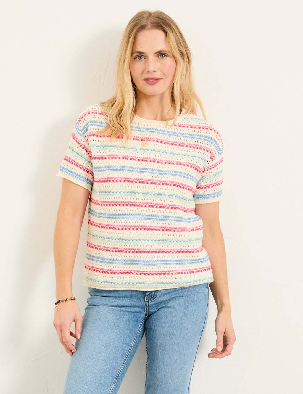Fatface Women's Pure Cotton Striped Pointelle Knitted Top - 16 - Ivory Mix - Available at M&S