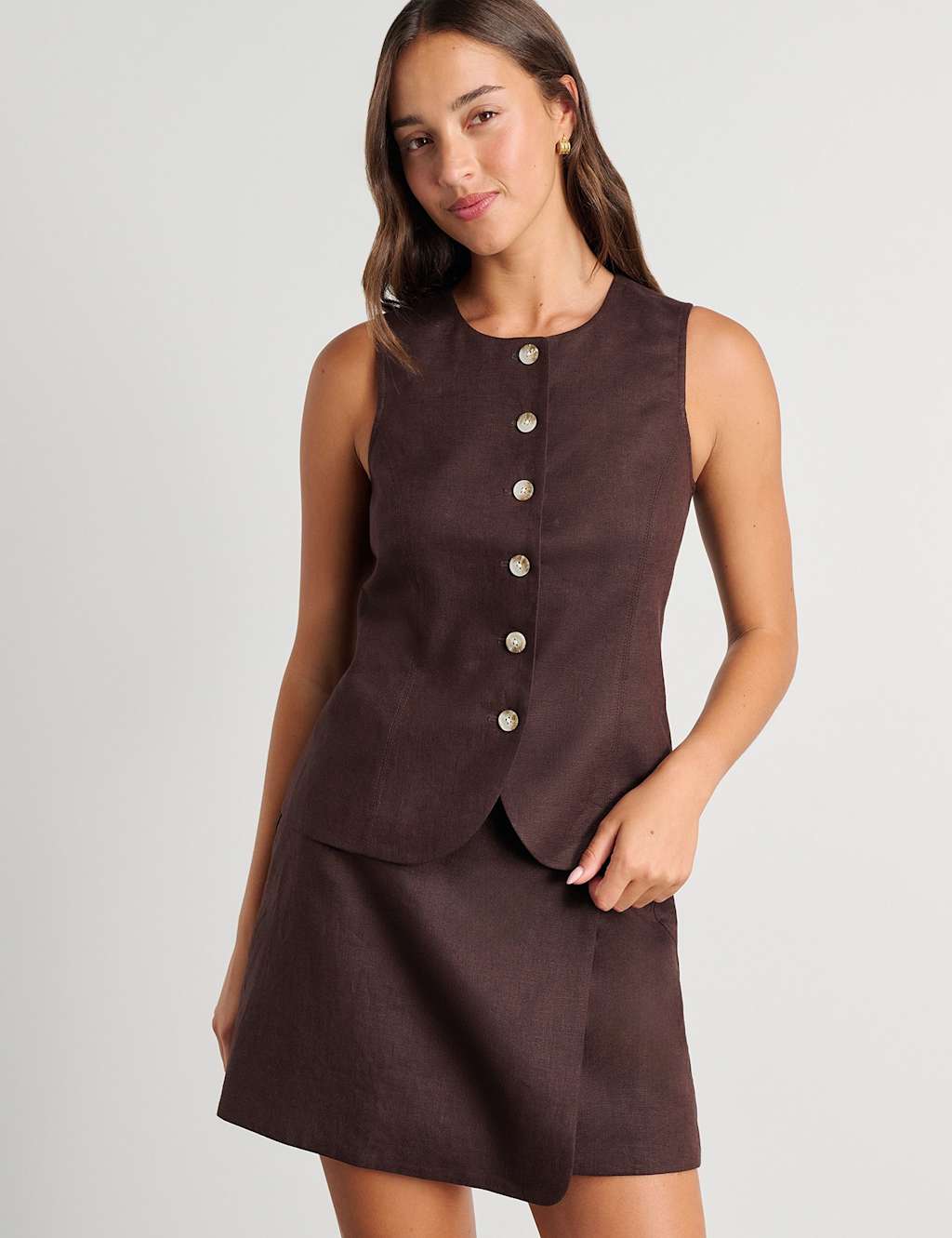 Jag Pure Linen Button Through Vest Chocolate