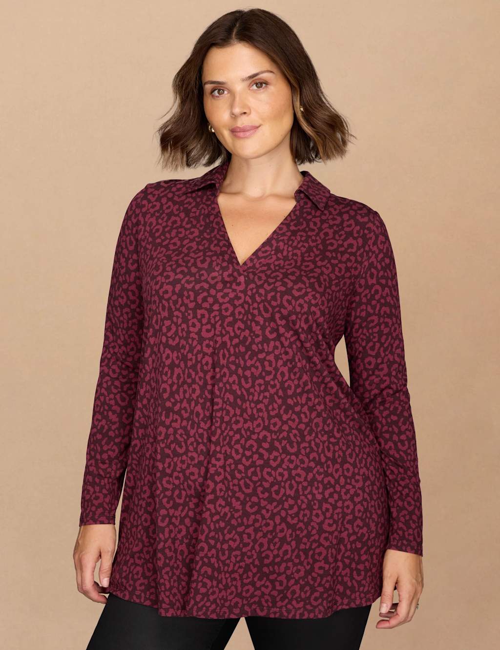 Live Unlimited London Jersey Animal Print Polo Collar Tunic Purple