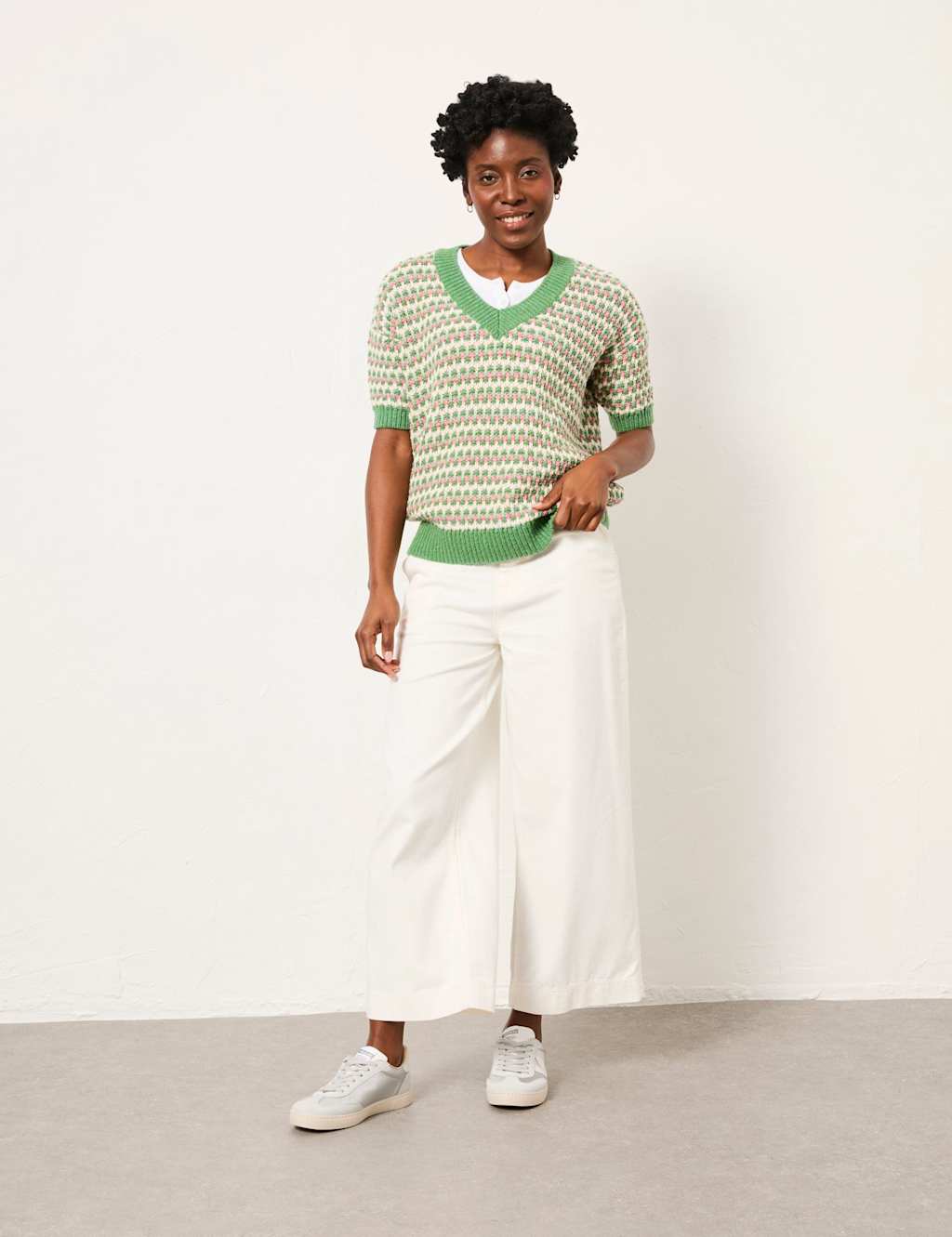 Fatface Women's Pure Cotton Geometric V-Neck Jumper - 14 - Green Mix - Available at M&S