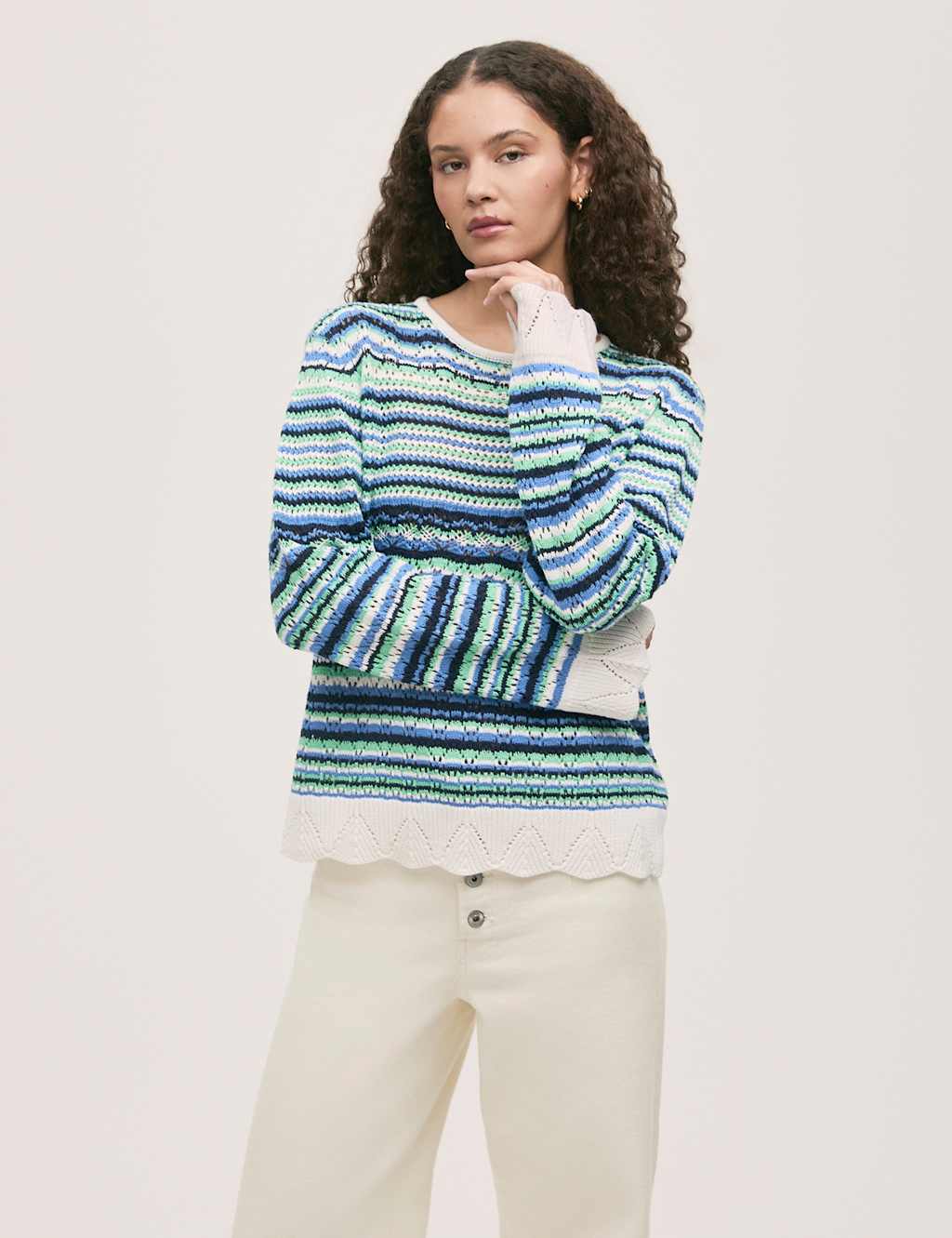 Finery London Women's Pure Cotton Knitted Striped Jumper - 14 - Blue Mix - Available at M&S