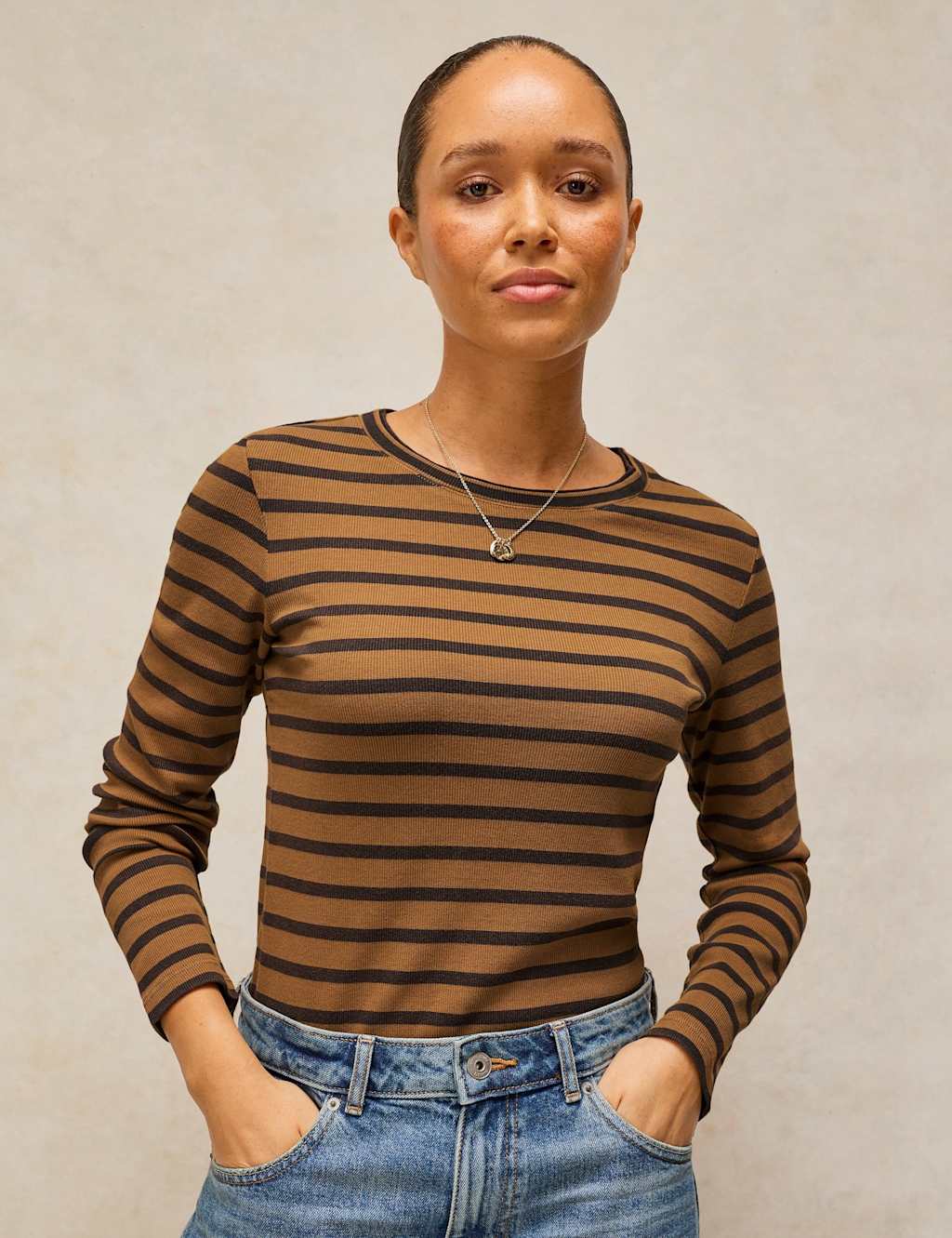 White Stuff Women's Cotton Rich Striped Crew Neck T-Shirt - 22 - Brown Mix - Available at M&S