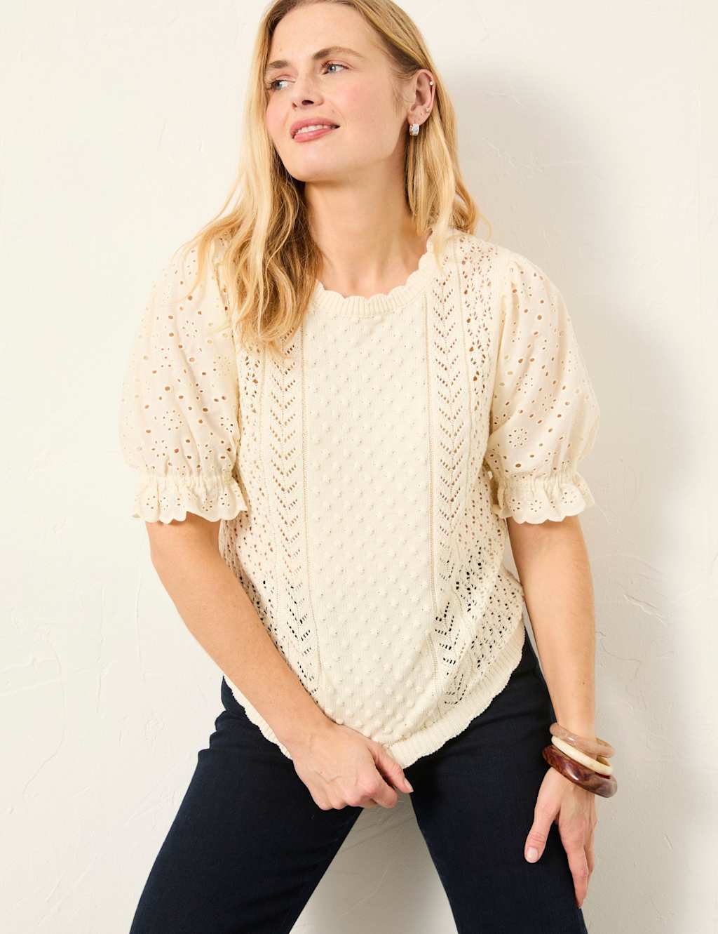 Fatface Women's Pure Cotton Textured Knitted Top - 8 - Ivory - Available at M&S