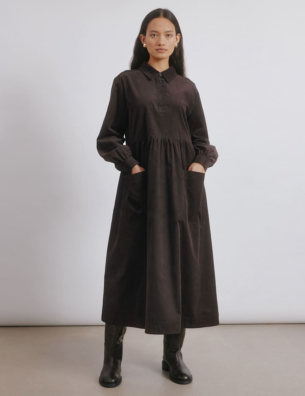 Albaray Pure Cotton Cord Button Placket Midi Dress Brown