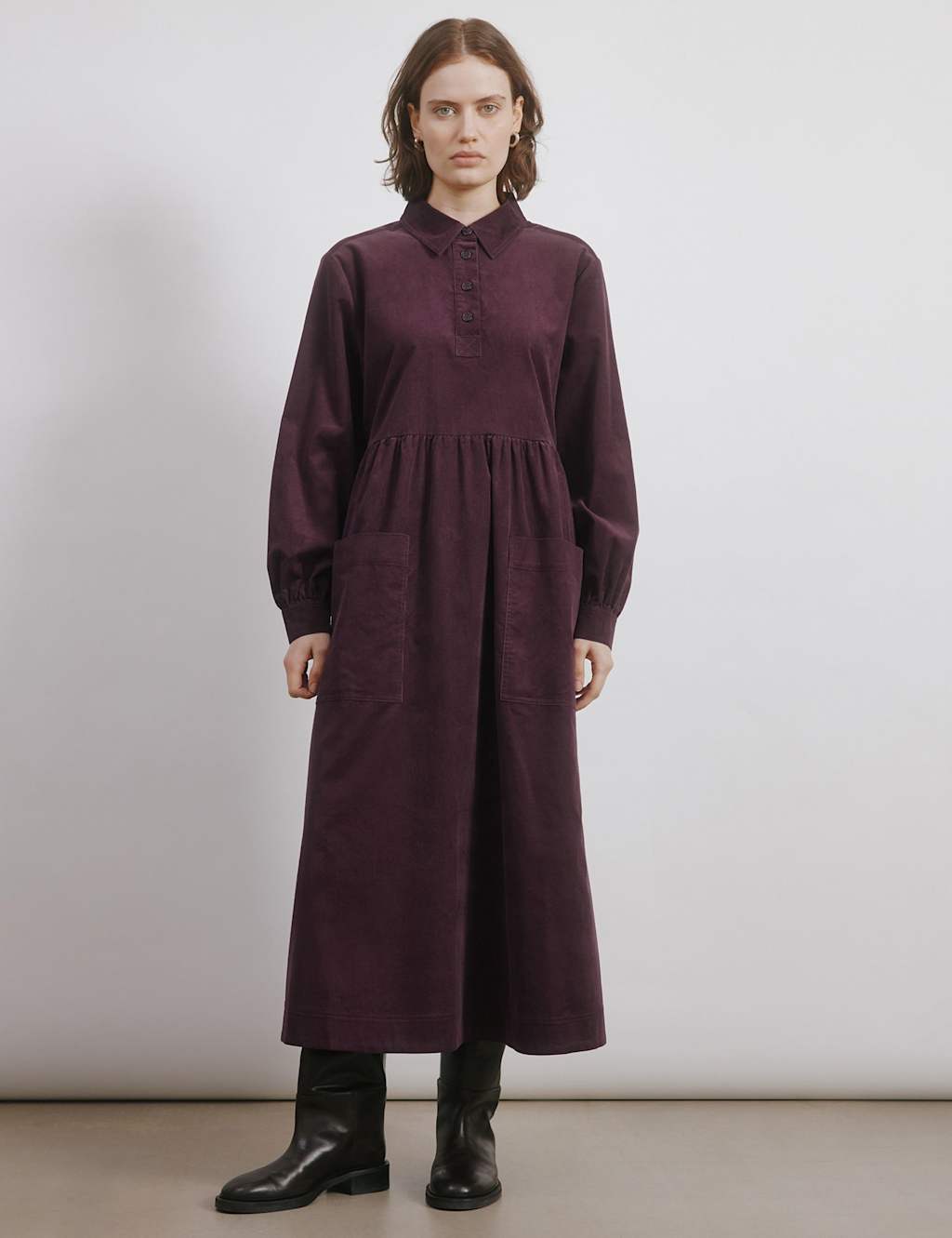 Albaray Pure Cotton Cord Button Placket Midi Dress Burgundy