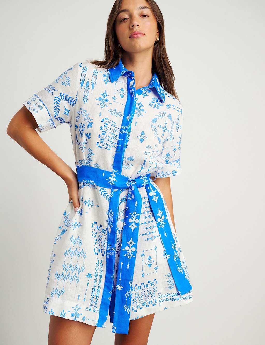 Jag Pure Linen Printed Mini Shirt Dress Ivory Mix