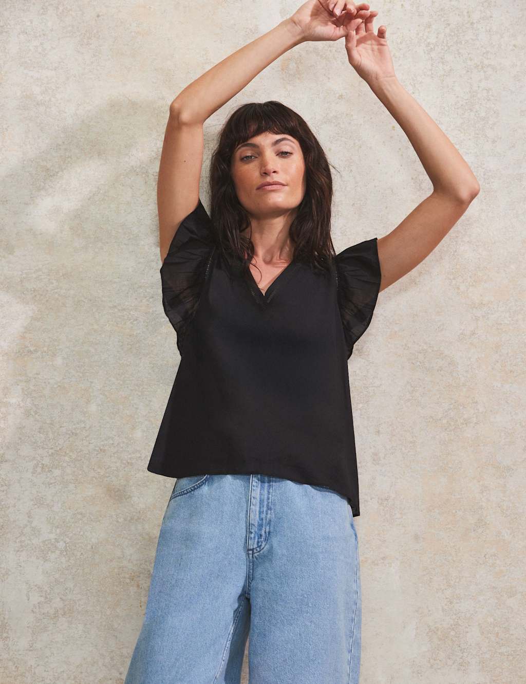 Pure Cotton V-Neck Frill Sleeve Relaxed Top