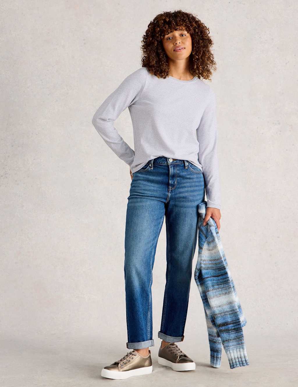 White Stuff Cotton Rich Sparkly Striped Crew Neck Top White Mix