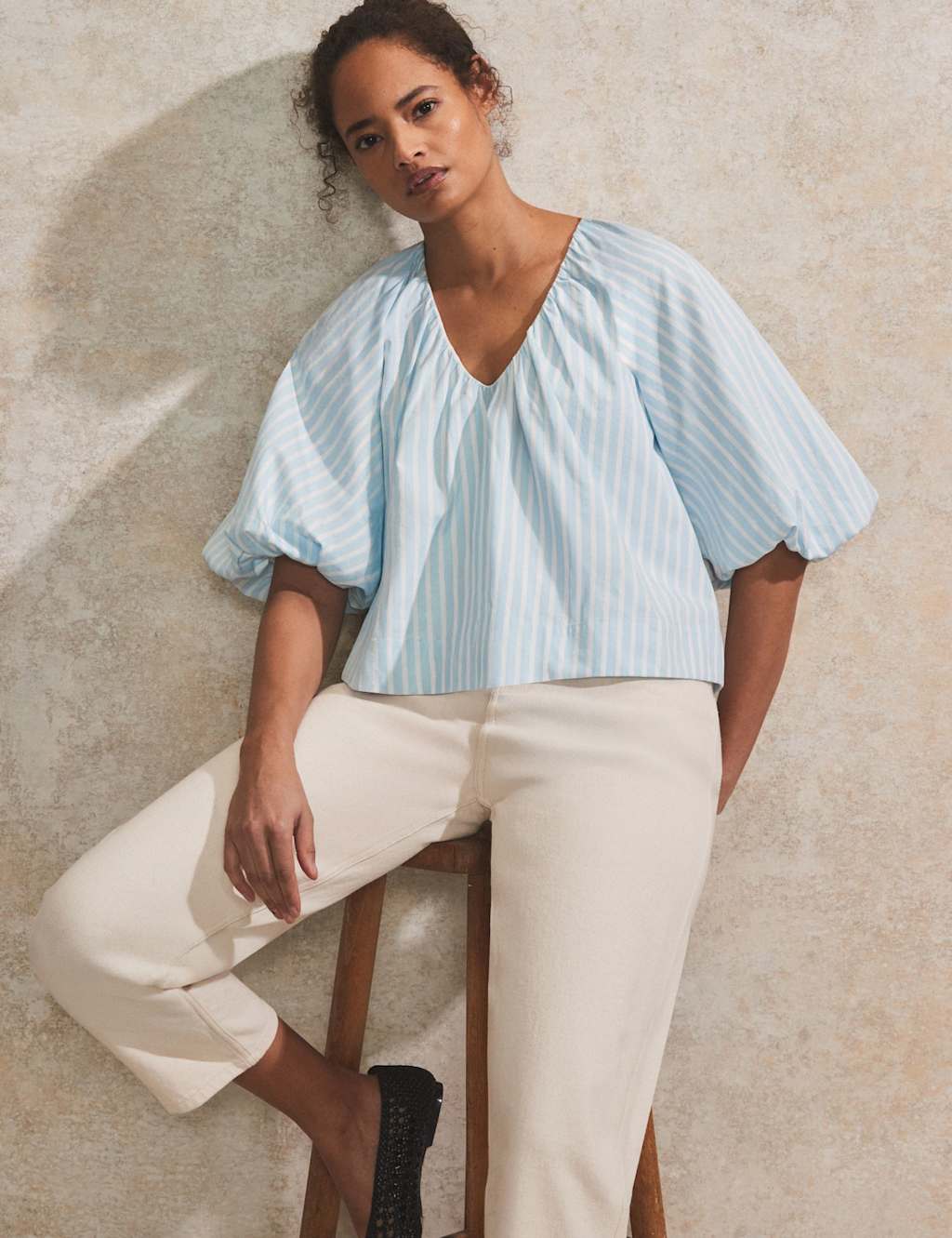 Pure Cotton Striped Puff Sleeve Blouse