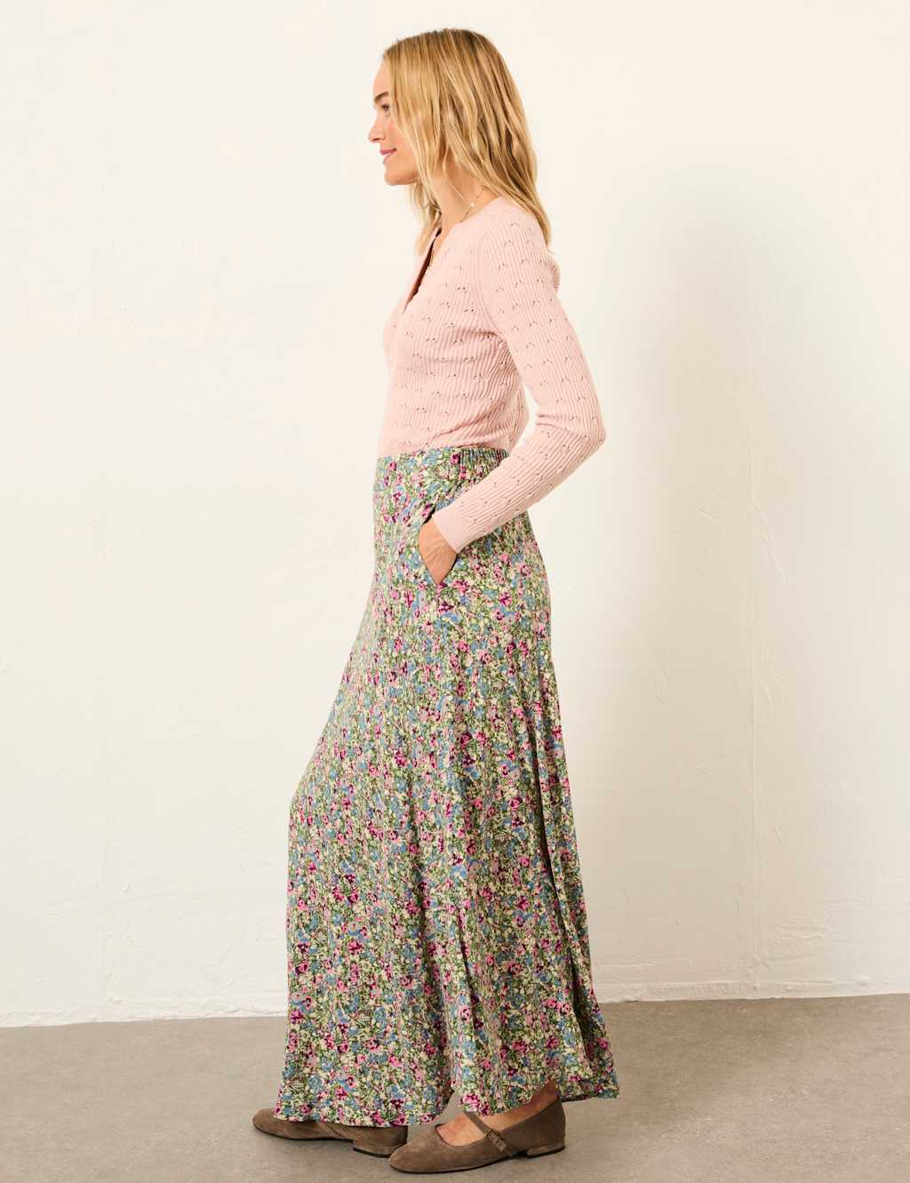Fatface Women's Ditsy Floral Midi A-Line Skirt - 10 - Green Mix - Available at M&S