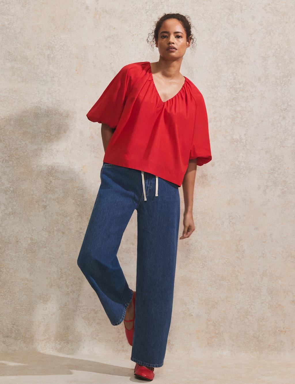 Pure Cotton V-Neck Puff Sleeve Top