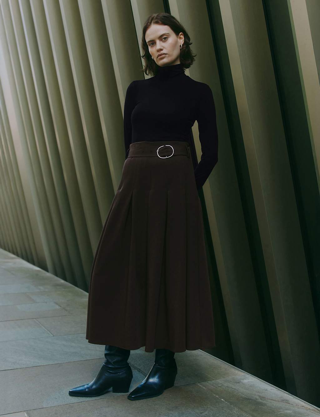 Albaray Pleated Midi Tailored Skirt Chocolate
