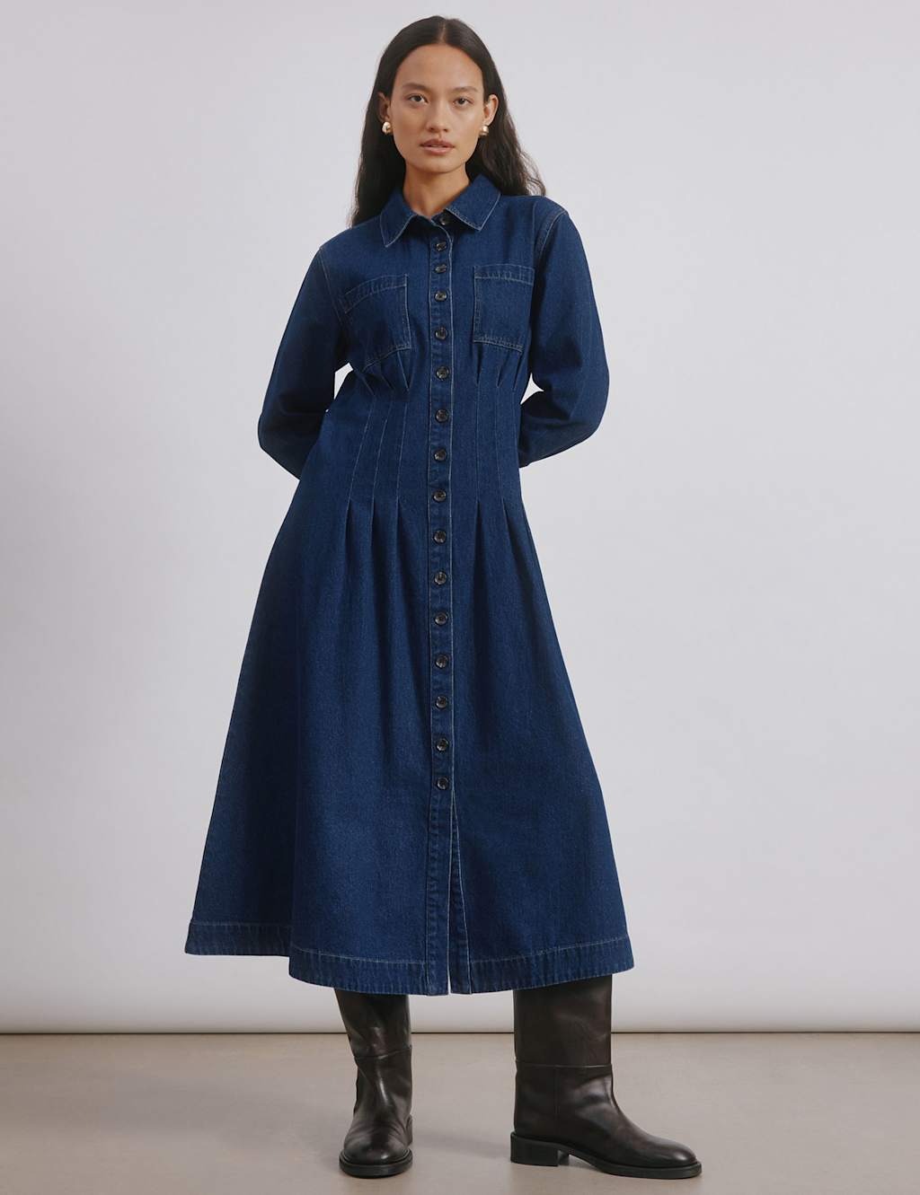 Albaray Women's Denim Button Front Midi Dress - 12 - Dark Blue Denim, Dark Blue Denim