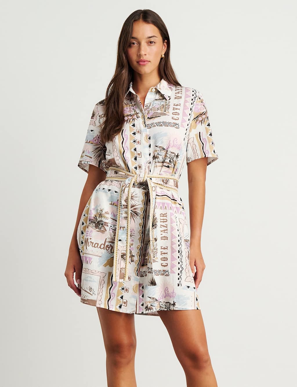 Jag Linen Rich Printed Mini Shirt Dress Pink Mix