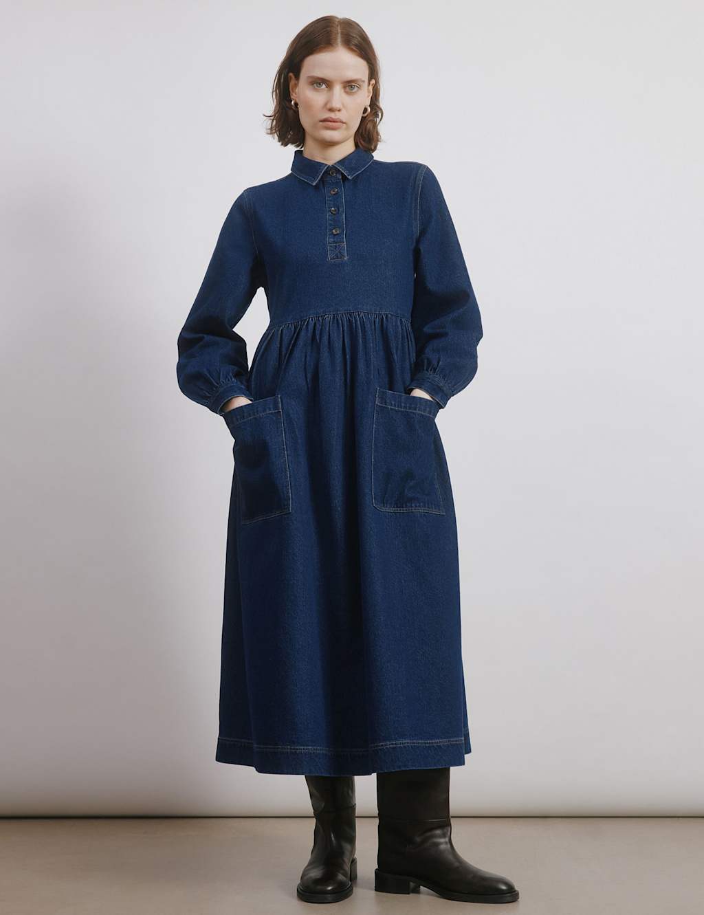 Albaray Pure Cotton Denim Collared Midi Shirt Dress Dark Blue Denim