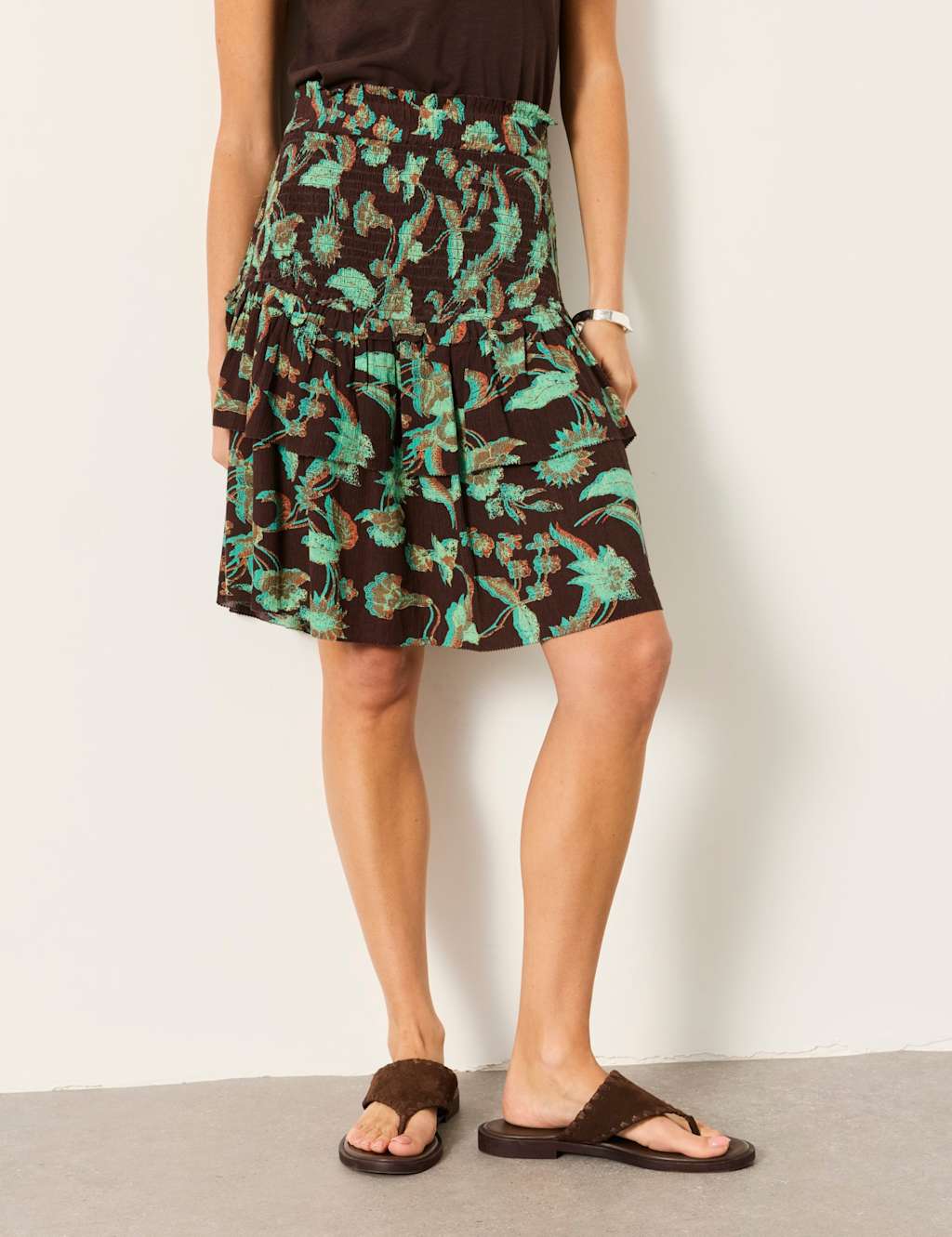 Fatface Women's Floral Shirred Mini Tiered Skirt - 12 - Brown Mix - Available at M&S