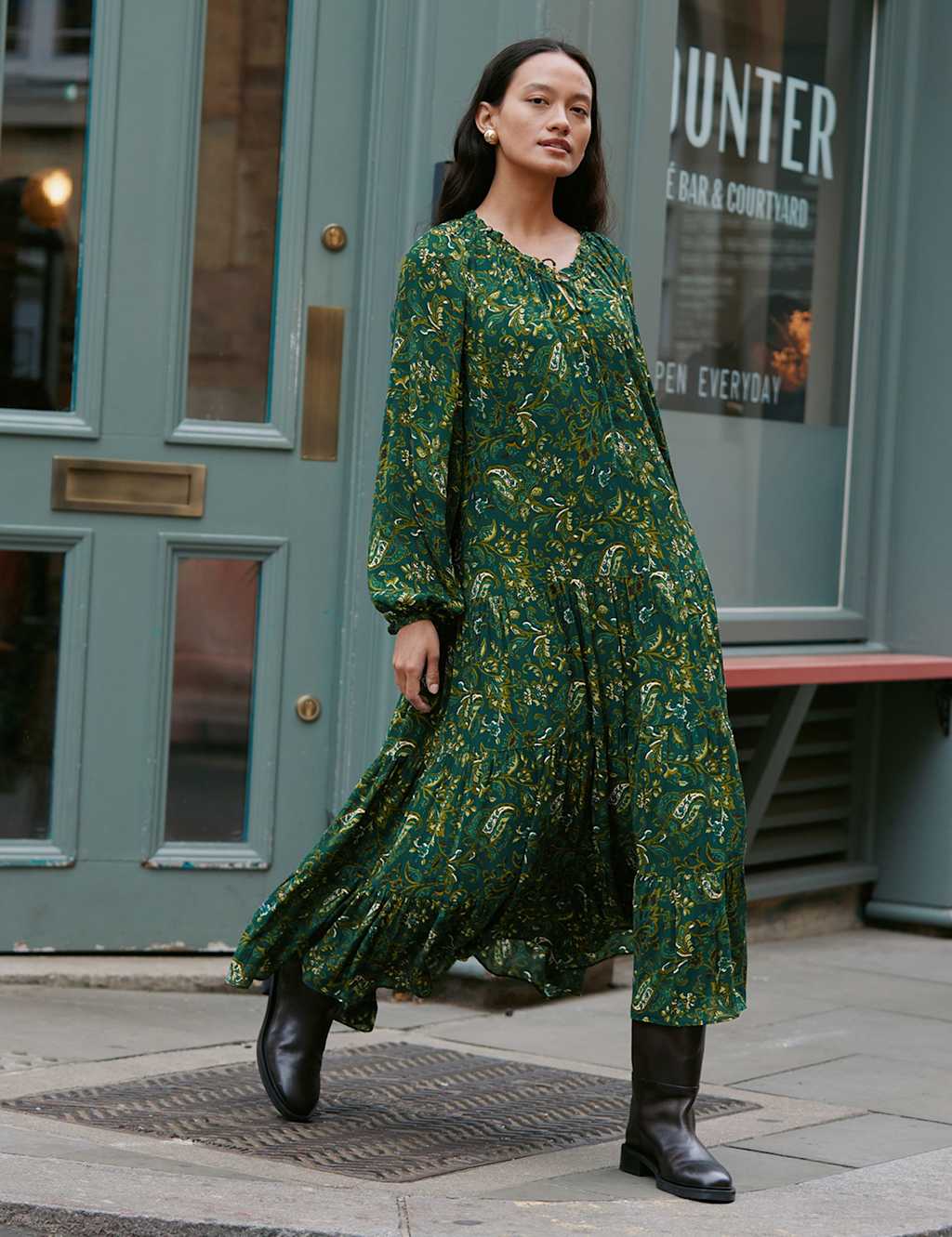 Albaray Paisley Tie Neck Midi Relaxed Tiered Dress Green Mix